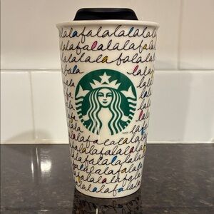 Starbucks Collectible 2011 Holiday Travel Tumbler with Falala Script Design EUC
